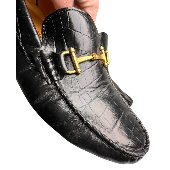 Saks Fifth Avenue Mens Black Croc Embossed Leather Horsebit Loafers Mocs Sz 9.5 - Picture 6 of 16